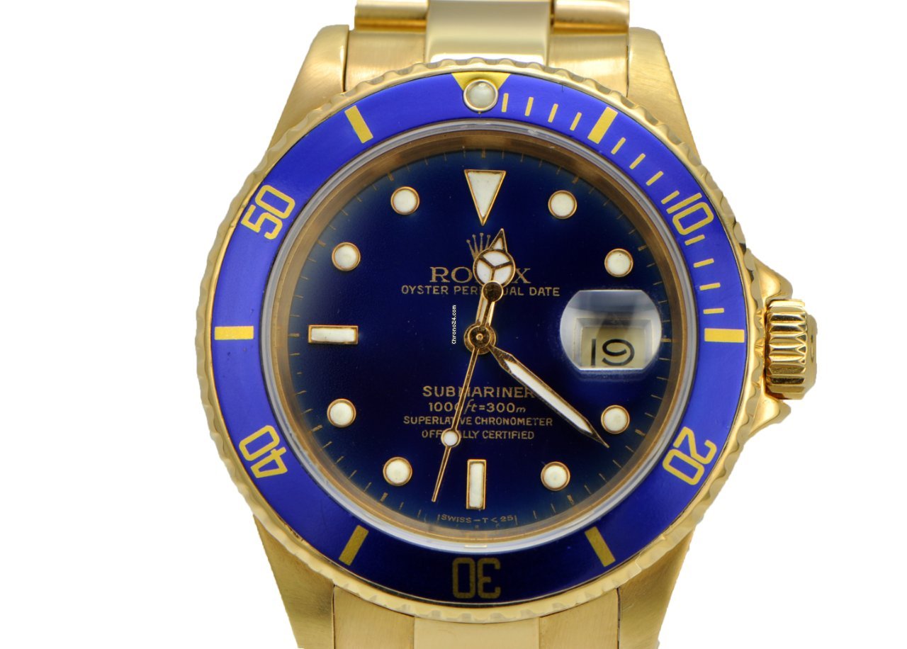 Reloj falso Rolex 16618 Submariner con esfera azul y oro amarillo de 18